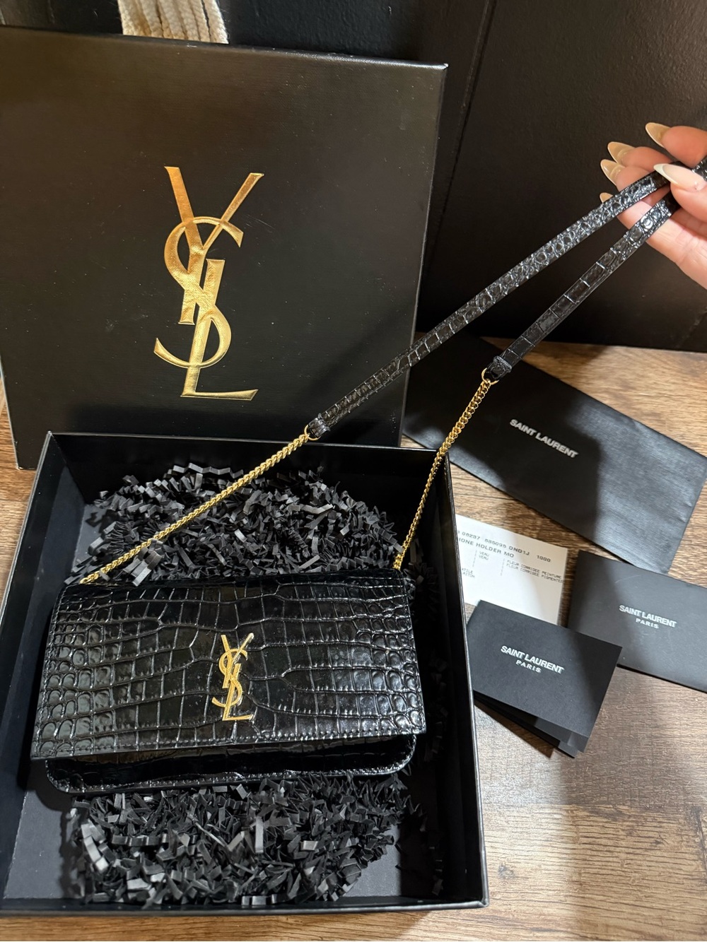 Saint Laurent Black Croc-Embossed YSL Chain Wallet with Gold Hardware - Picture 2 of 6